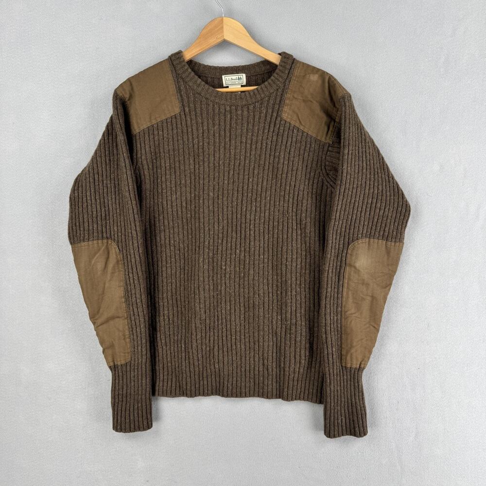 Vintage LL Bean Commando Sweater Mens 2XL Brown Merino Wool Shoulder Elbow Patch